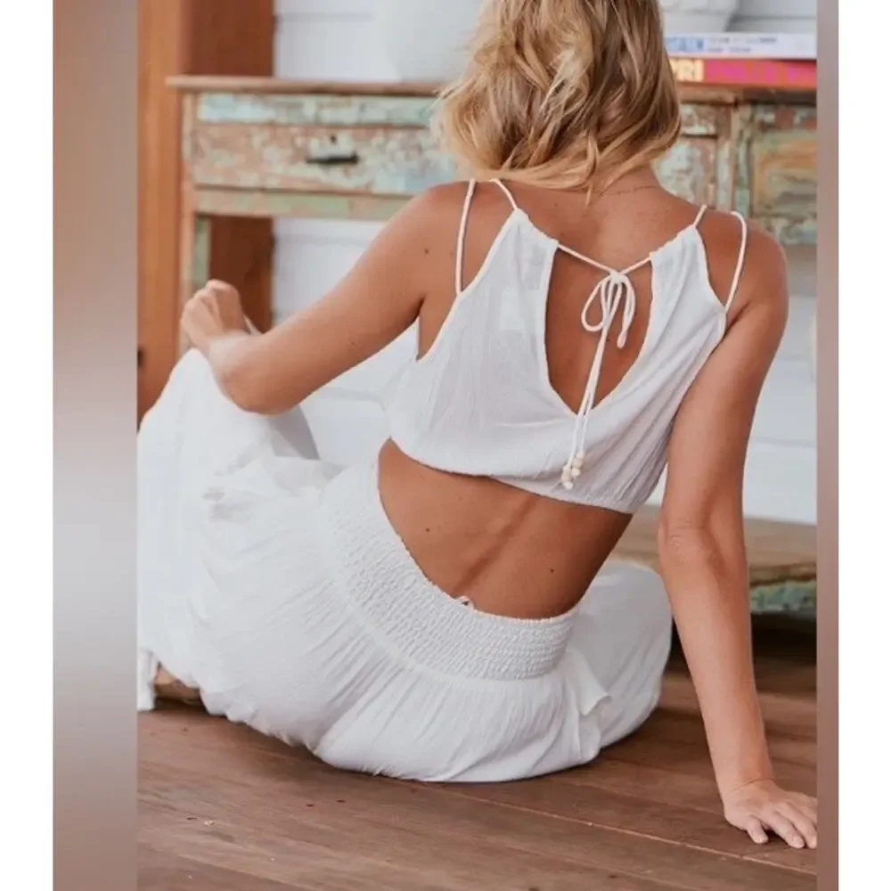Free People Womens Ivory Angie's Cami & Wide Leg Embroidered Pants Set Sz Med